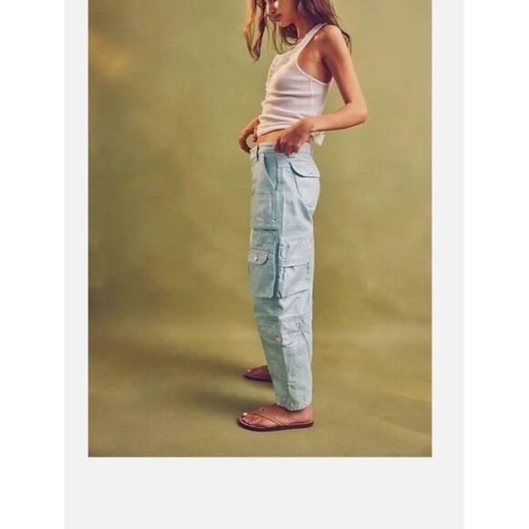 We the free Lap Of Luxury Barrel Cargo Jeans Metallic Coating Aqua Marine 26 NEW - Picture 6 of 8